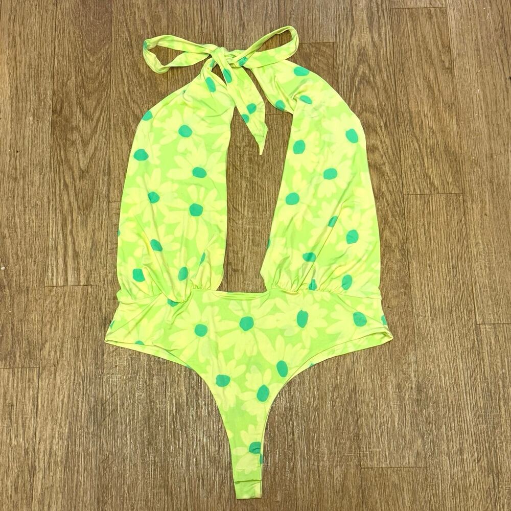 NWOT AFRM Green Yellow Floral Rosa Cross Halter Plunge Neck Bodysuit Size XL
